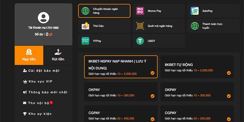 Nạp tiền 8KBET có nhiều giải pháp giao dịch tiện lợi